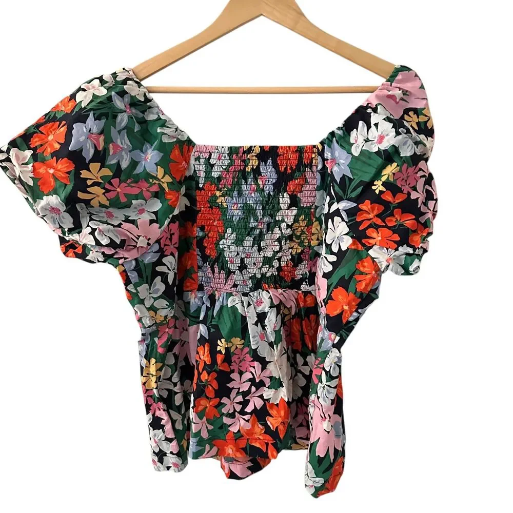 Old Navy Cotton Floral V-Neck Halter Top with Ruching and Puff Sleeves‎ Size XL